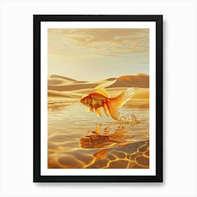 Elephant Sized Goldfish Swimming Through A Surreal Desert Landscape Dunes Rippling Like Water Waves Art Print