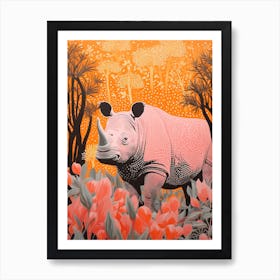 Geometric Pink & Orange Rhino In The Plants 1 Art Print