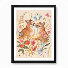 Folksy Floral Animal Drawing Puma 4 Art Print