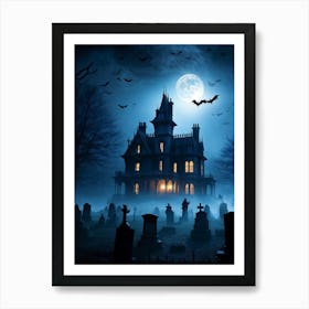 Frightened Souls Hovering Over A Victorian Mansion On A Dark Halloween Night Silhouetted Against A (1) Art Print