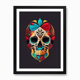 Skull With Tattoo Style Artwork Primary 1 Colours Mexican Art Print