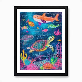 Sea Turtle & Friends Rainbow Scribble Art Print