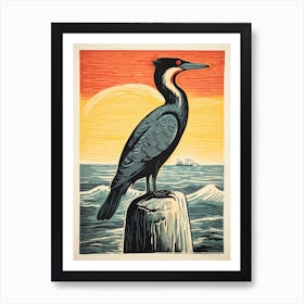 Vintage Bird Linocut Cormorant 1 Art Print