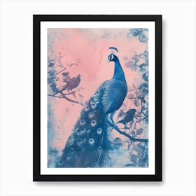 Peacock In A Tree With Other Birds Cyanotype Inspired Art Print