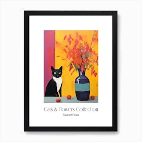 Cats & Flowers Collection Sweet Pea Flower Vase And A Cat, A Painting In The Style Of Matisse 0 Art Print