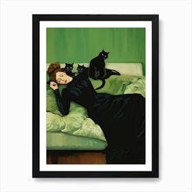 Decadent Young Woman After The Dance With Black Cats Art Print
