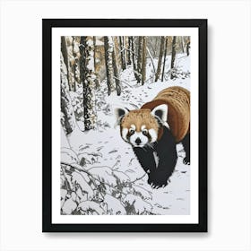 Red Panda Walking Through A Snow Covered Forest Ink Illustration 2 Art Print