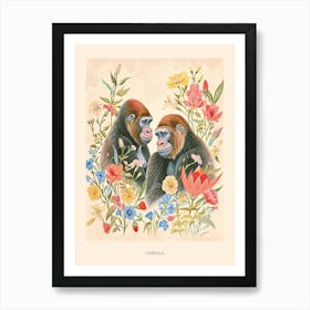 Folksy Floral Animal Drawing Gorilla 3 Poster Art Print