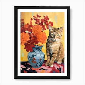 Hydrangea Flower Vase And A Cat, A Painting In The Style Of Matisse 2 Art Print