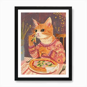 Happy Orange Cat Pizza Lover Folk Illustration 4 Art Print