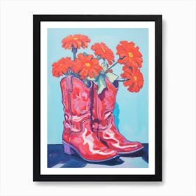 A Painting Of Cowboy Boots With Orange Flowers, Fauvist Style, Still Life 2 Art Print