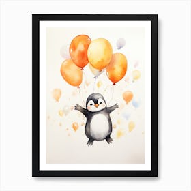 Penguin Flying With Autumn Fall Pumpkins And Balloons Watercolour Nursery 2 Art Print