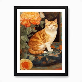 Ranunculus With A Cat 2 Art Nouveau Style Art Print