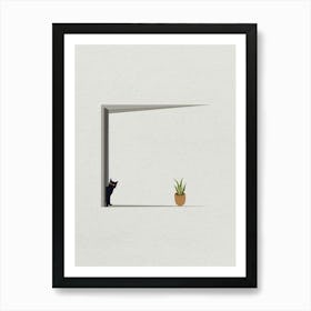 Minimal art of a cat peeking beside a door Art Print