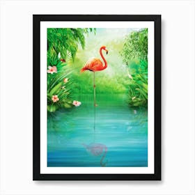 A Whimsically Styled Vibrant Green Flamingo Gently Glides Over The Serene Surface Of A Crystal Cle Art Print