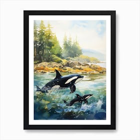 Orca Whale Watercolour And Orca Calf Art Print