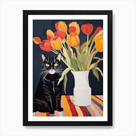 Daffodil Flower Vase And A Cat, A Painting In The Style Of Matisse 7 Art Print