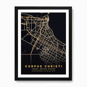 Corpus Christi Texas USA Black And Gold Map Art Print