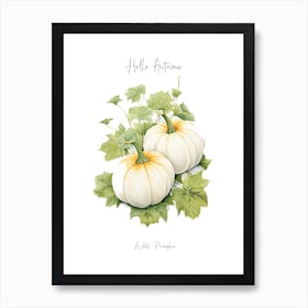 Hello Autumn White Pumpkin Watercolour Illustration 4 Art Print