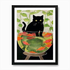 A Fluffy Black Cat And Goldfish In A Bowl Illustration Matisse Style Art Print