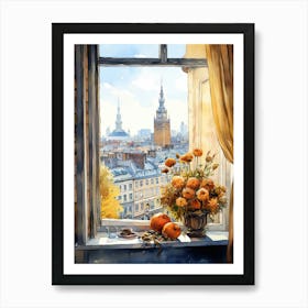 Window View Of Warsaw Poland In Autumn Fall, Watercolour 3 Art Print