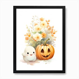 Cute Ghost With Pumpkins Halloween Watercolour 124 Art Print