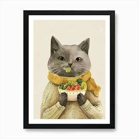 Cute Cat Eating Salad Folk Illustration 3 Art Print