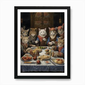 Cats Banqueting A Long Table With A Throne In The Background Art Print