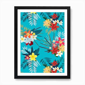 Frangipani, Lily Palm Leaves Tropical Vibrant Colored Trendy Summer Pattern Art Print