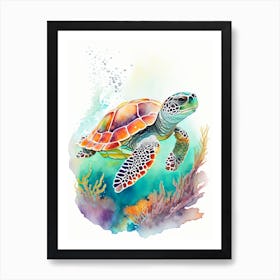 A Single Sea Turtle In Coral Reef, Sea Turtle Watercolour 3 Art Print