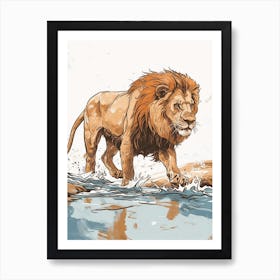 Barbary Lion Crossing A River Acrylic Painting 2 Art Print