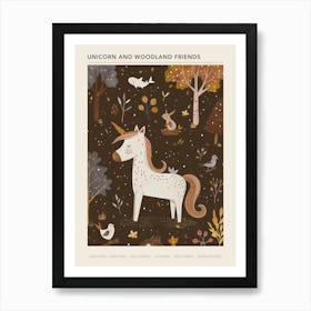 Unicorn In The Meadow With Abstract Woodland Animals 4 Poster Art Print