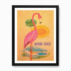 Miami Beach, Pink Flamingo, Florida Retro Vintage Travel Poster Art Print