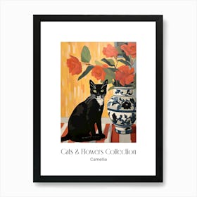 Cats & Flowers Collection Camellia Flower Vase And A Cat, A Painting In The Style Of Matisse 0 Art Print
