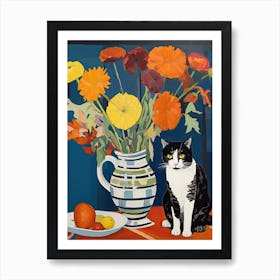 Marigold Flower Vase And A Cat, A Painting In The Style Of Matisse 3 Art Print