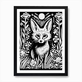 Fox In The Forest Linocut Illustration 5  Art Print