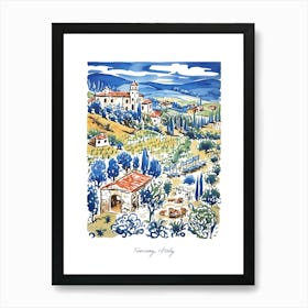 Tuscany Illustration Line Art Italy Travel Blue Art Print