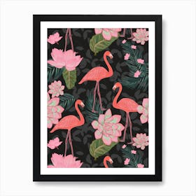 Flamingos Lotus Flowers Art Print
