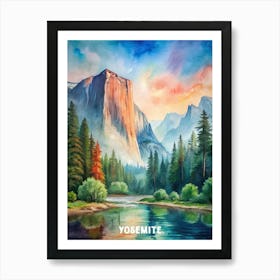 Yosemite National Park Watercolor Painting Art Print