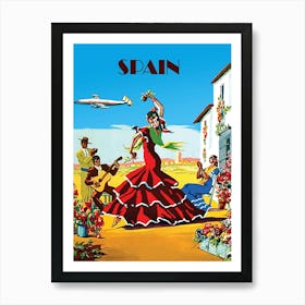 Spanish Dancers Welcomes New Airplane Arrival, Vintage Travel Poster Art Print