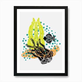 Sea jellyfish in the style of black graphics and colored spots Art Print