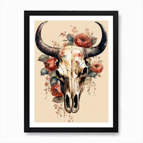Vintage Boho Bull Skull Flowers Painting (60) Art Print