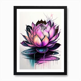 Blooming Lotus Flower In Lake Graffiti 1 Art Print