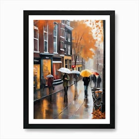 Amsterdam cafes, autumn season, rain, autumn oil colours.Faded colours,People passing on the street, winter clothes, rain umbrellas.2 1 Art Print