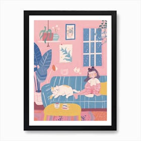 Girl In The Sofa With Pets Tv Lo Fi Kawaii Illustration 7 Art Print