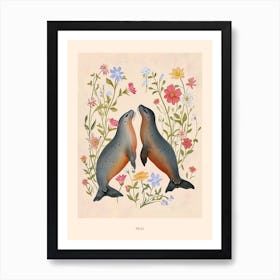 Folksy Floral Animal Drawing Seal 6 Poster Art Print