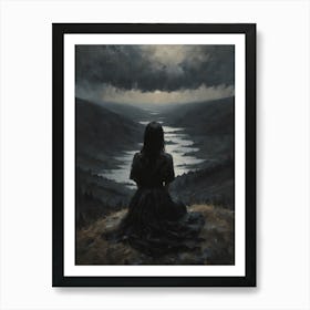 Horizon - Dark Aesthetic Moody Art of a Woman Sitting in Solitude Contemplating Alone at Night | Altar Wall Decor Vintage Oil Painting in HD Art Print