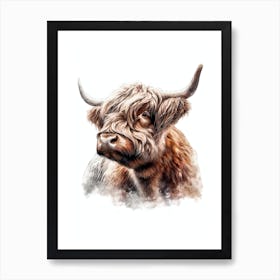 Adorable Highland Cow Watercolor Painting Portrait Art Print