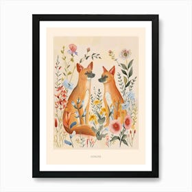 Folksy Floral Animal Drawing Coyote Poster Art Print