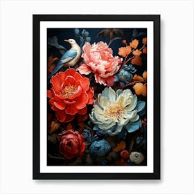 Peonies And Birds 2 Art Print